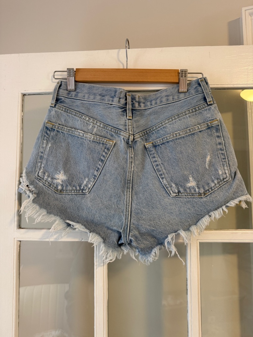 AGOLDE High Rise Light Blue Distressed Denim Cutoff Shorts - Picture 3 of 5